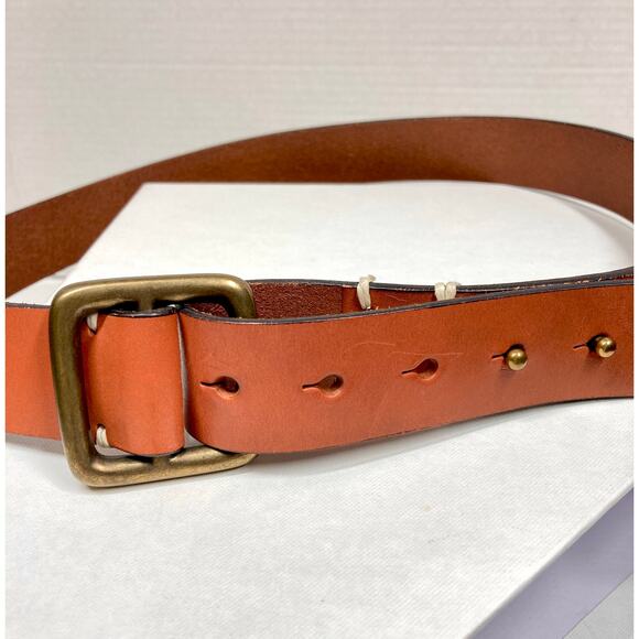 Gap Leather Belt Fold Over Pin Design No Prong Brass Buckle Caramel Color Size M - Picture 7 of 10